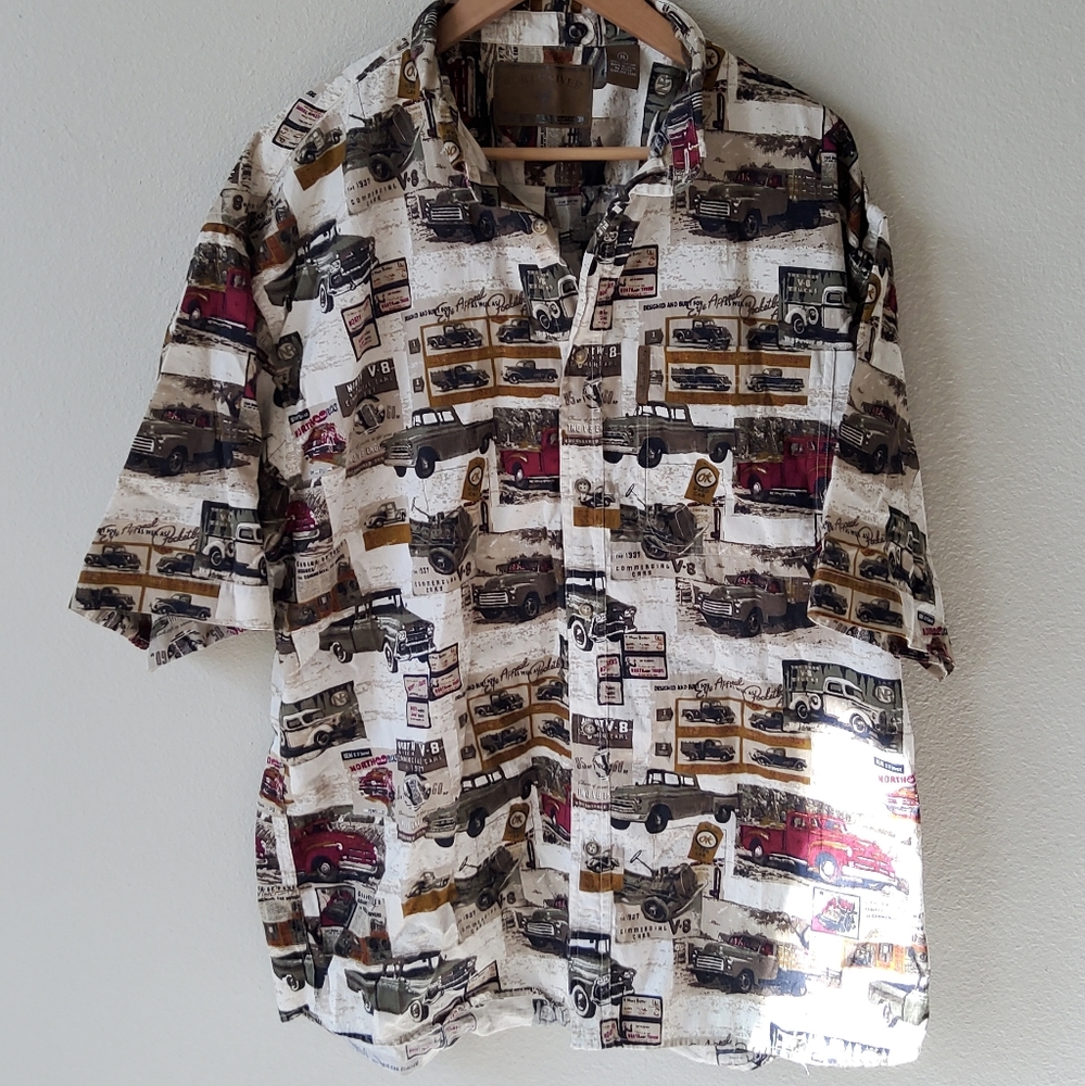 North River Men's Short Sleeve Button Down Shirt XL Classic Pick Ups Trucks